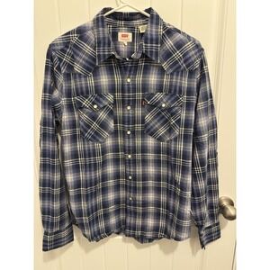 Levis Mens Blue Plaid Pearl Snap Western Shirt Long Sleeve Medium Pointed Yoke‎